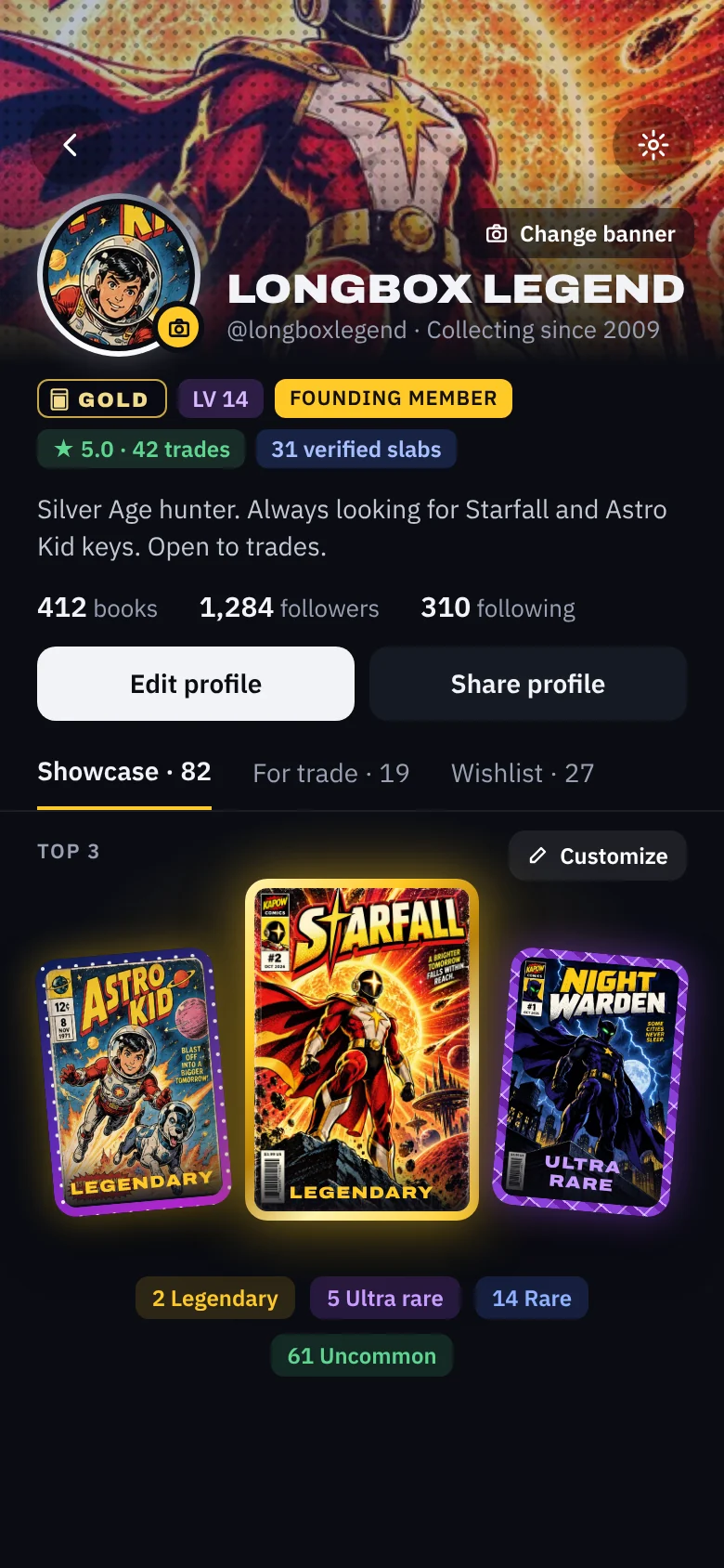 A collector profile with the top 3 books from their showcase shown as cards with sun cosmic and krackle borders