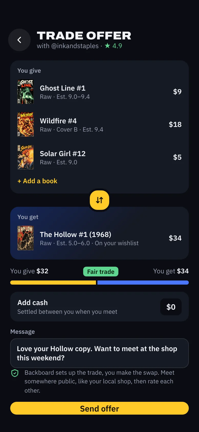 A trade offer giving three books worth $32 for one worth $34, marked as a fair trade